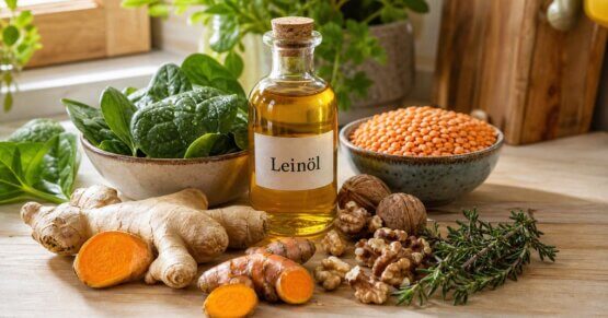 Stillleben mit entzündungshemmenden Lebensmitteln: Leinöl, Kurkuma, Ingwer, Walnüsse und grünes Blattgemüse auf Holzuntergrund.