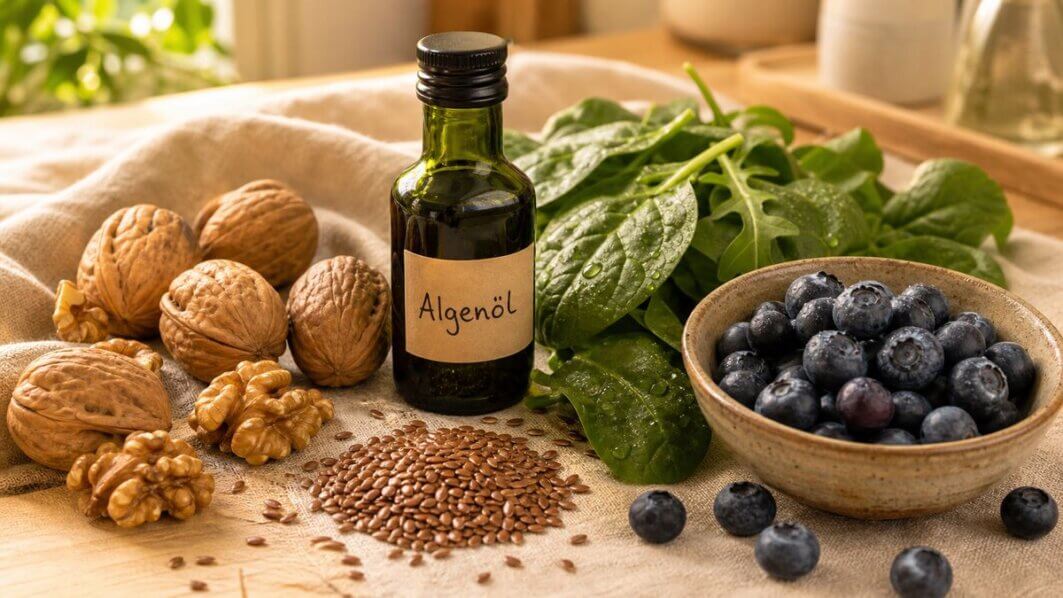 Stillleben mit Walnüssen, Leinsamen und Algenöl als natürliche Omega-3-Quellen bei Arthrose. Anti-entzündliche Ernährung bei Arthrose im Überblick.