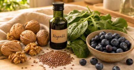 Stillleben mit Walnüssen, Leinsamen und Algenöl als natürliche Omega-3-Quellen bei Arthrose. Anti-entzündliche Ernährung bei Arthrose im Überblick.