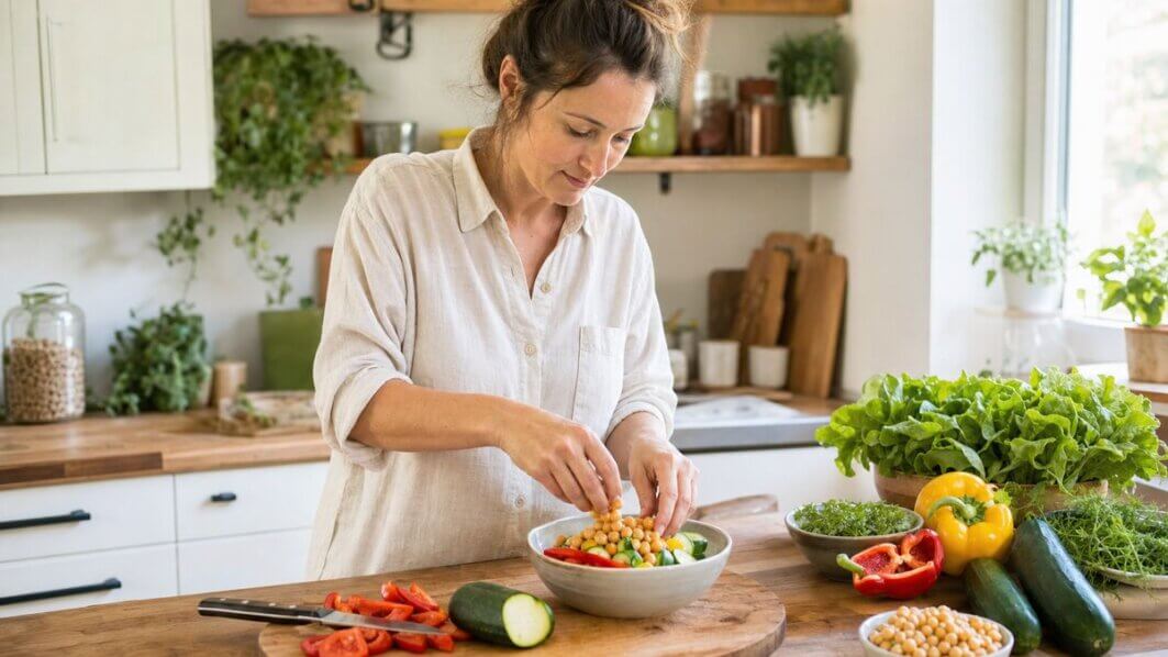 Eine Frau um die 40 bereitet in einer hellen Küche eine pflanzenbasierte Mahlzeit vor – Ernährungsumstellung als alltägliche Gewohnheit.