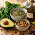 Stillleben mit leberschützenden Lebensmitteln: Avocado, Walnüsse, Blattgemüse, Linsen und Olivenöl auf Holzuntergrund – Ernährung gegen Fettleber.