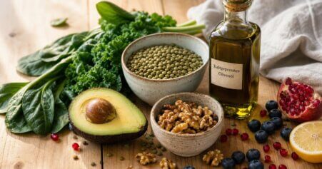 Stillleben mit leberschützenden Lebensmitteln: Avocado, Walnüsse, Blattgemüse, Linsen und Olivenöl auf Holzuntergrund – Ernährung gegen Fettleber.