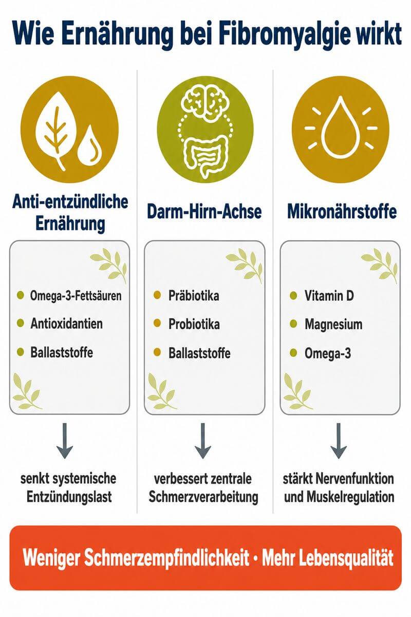Infografik: Wie Ernährung bei Fibromyalgie wirkt – drei Wirk­wege: Anti-entzündliche Kost, Darm-Hirn-Achse und Mikronährstoffe Vitamin D, Magnesium, Omega-3.