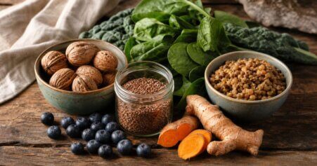 Stillleben mit anti-entzündlichen Lebensmitteln wie Walnüssen, Blattgemüse und Beeren für Fibromyalgie-Ernährung. Natürliche Zutaten auf Holzuntergrund mit warmem Tageslicht.