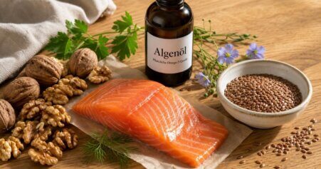 Stillleben mit Lachs, Walnüssen, Leinsamen und Algenöl als natürliche Omega-3-Quellen als Alternative zu Fischöl-Kapseln.