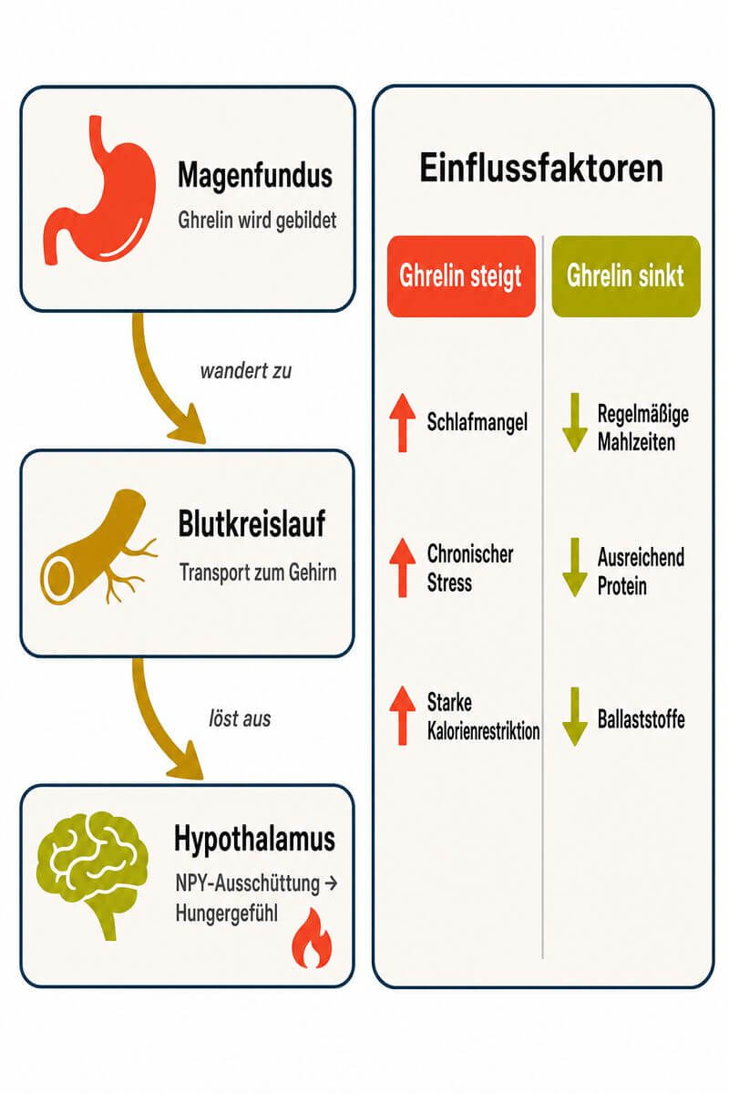 Infografik: Ghrelin-Signalweg vom Magen zum Gehirn mit Einflussfaktoren auf den Hormonspiegel.