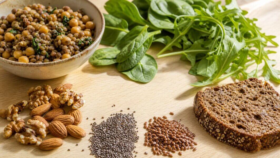 Stillleben mit Hülsenfrüchten, Nüssen und Blattgemüse als natürliche Einflussfaktoren auf den Ghrelinspiegel. Lebensmittel für eine ausgewogene Hormonregulation.