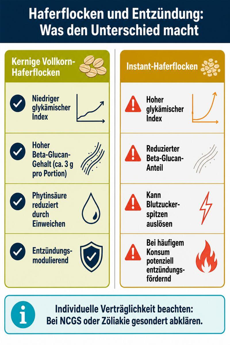Infografik: Haferflocken entzündungsfördernd oder nicht – Vergleich kernige Haferflocken vs. Instant nach glykämischem Index und Beta-Glucan-Gehalt.