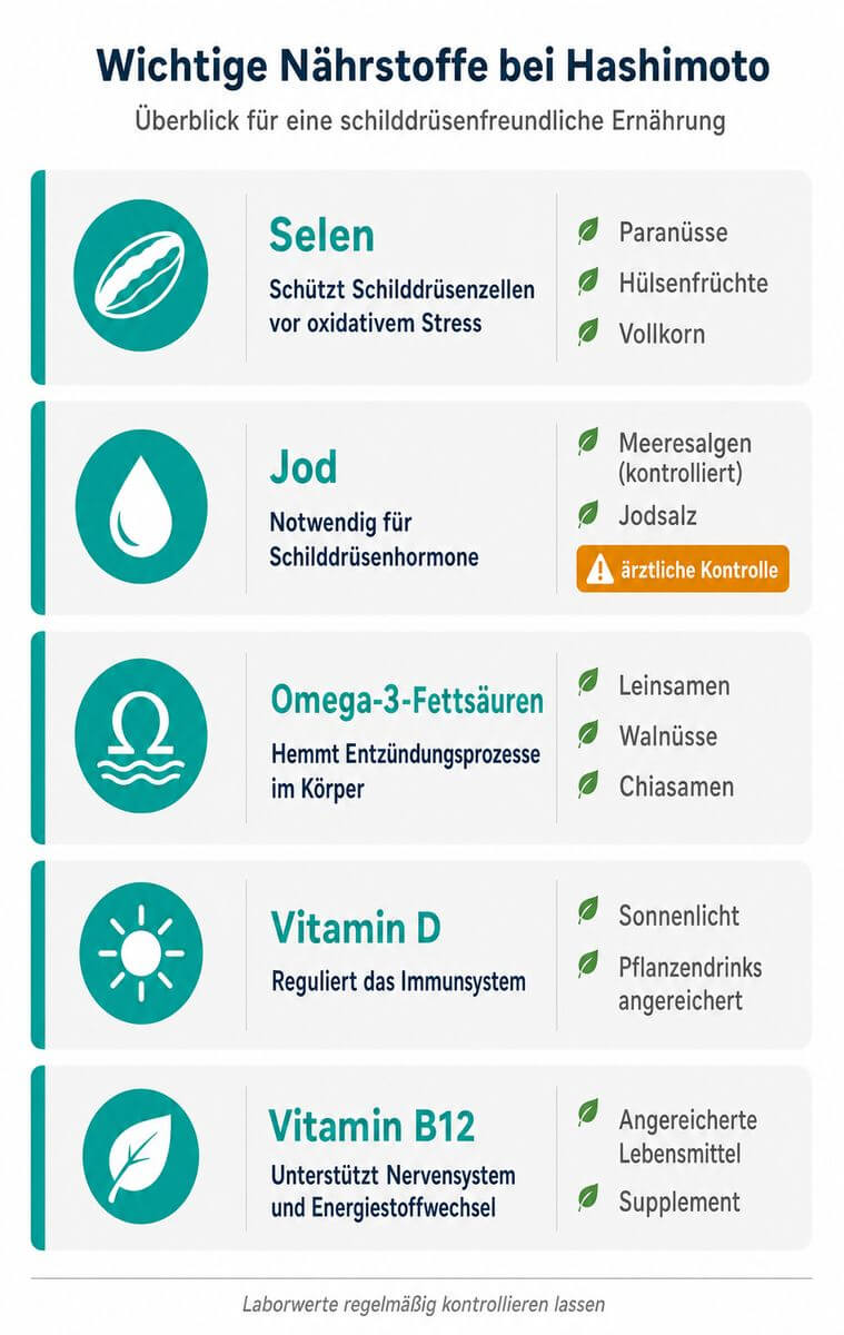 Infografik: Wichtige Nährstoffe bei Hashimoto-Thyreoiditis – Selen, Jod, Omega-3, Vitamin D und B12 mit Lebensmittelquellen und Tagesbedarf im Überblick.