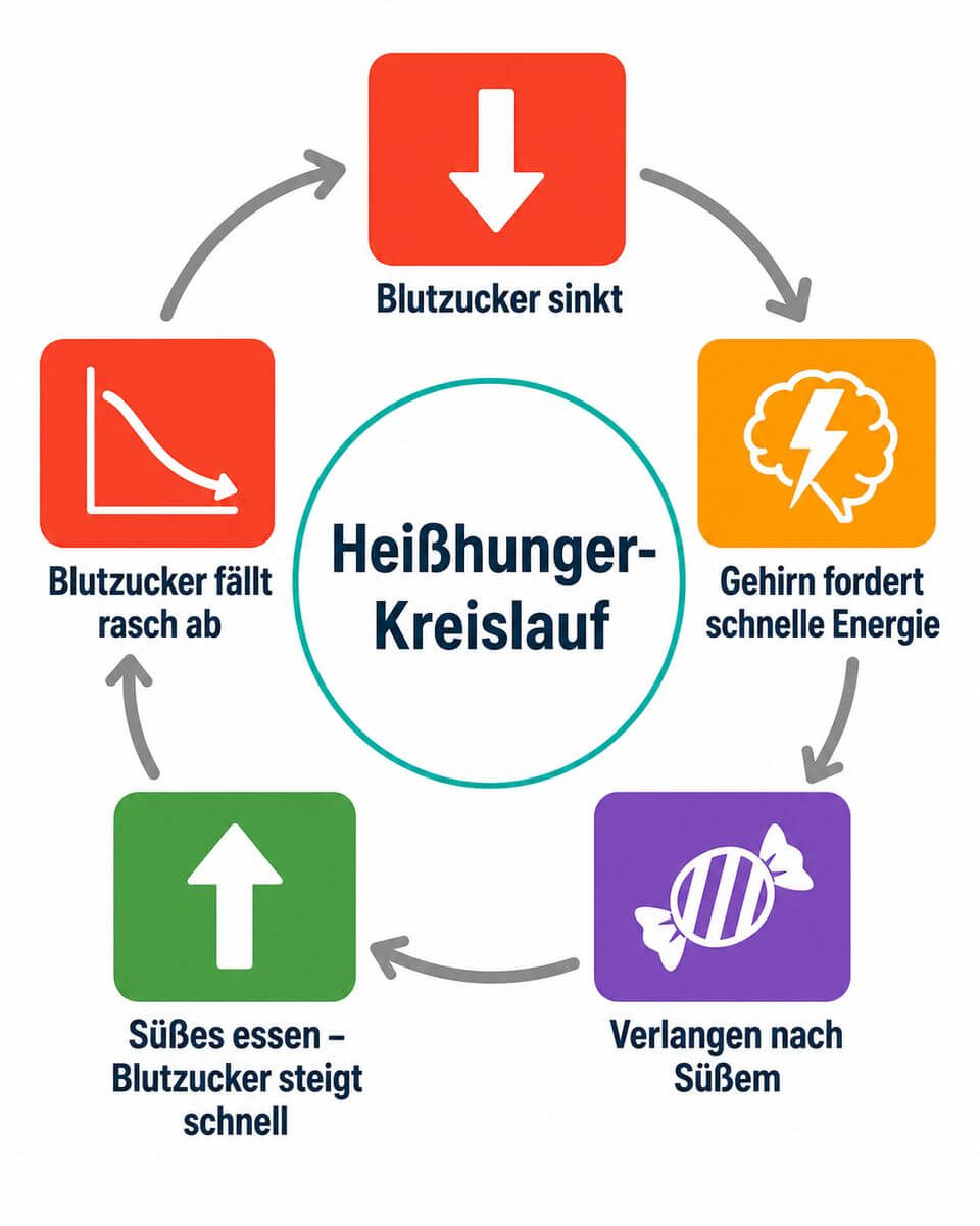 Infografik: Blutzucker-Heißhunger-Kreislauf – wie sinkender Blutzucker Verlangen nach Süßem auslöst und sich selbst verstärkt.