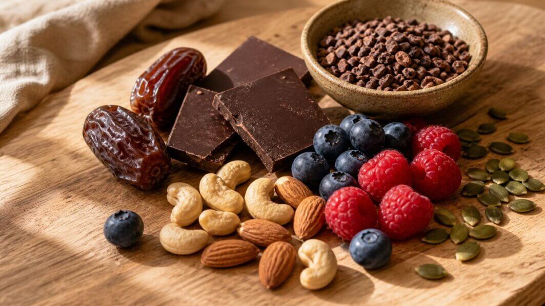 Stillleben mit Zartbitterschokolade, Nüssen, Beeren und Datteln auf Holzuntergrund – natürliche Lebensmittel bei Heißhunger auf Süßes.