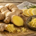 Frische Ingwerwurzel aufgeschnitten auf einem Holzbrett, natürliches Licht, Stillleben. Ingwer Wirkung im Überblick.