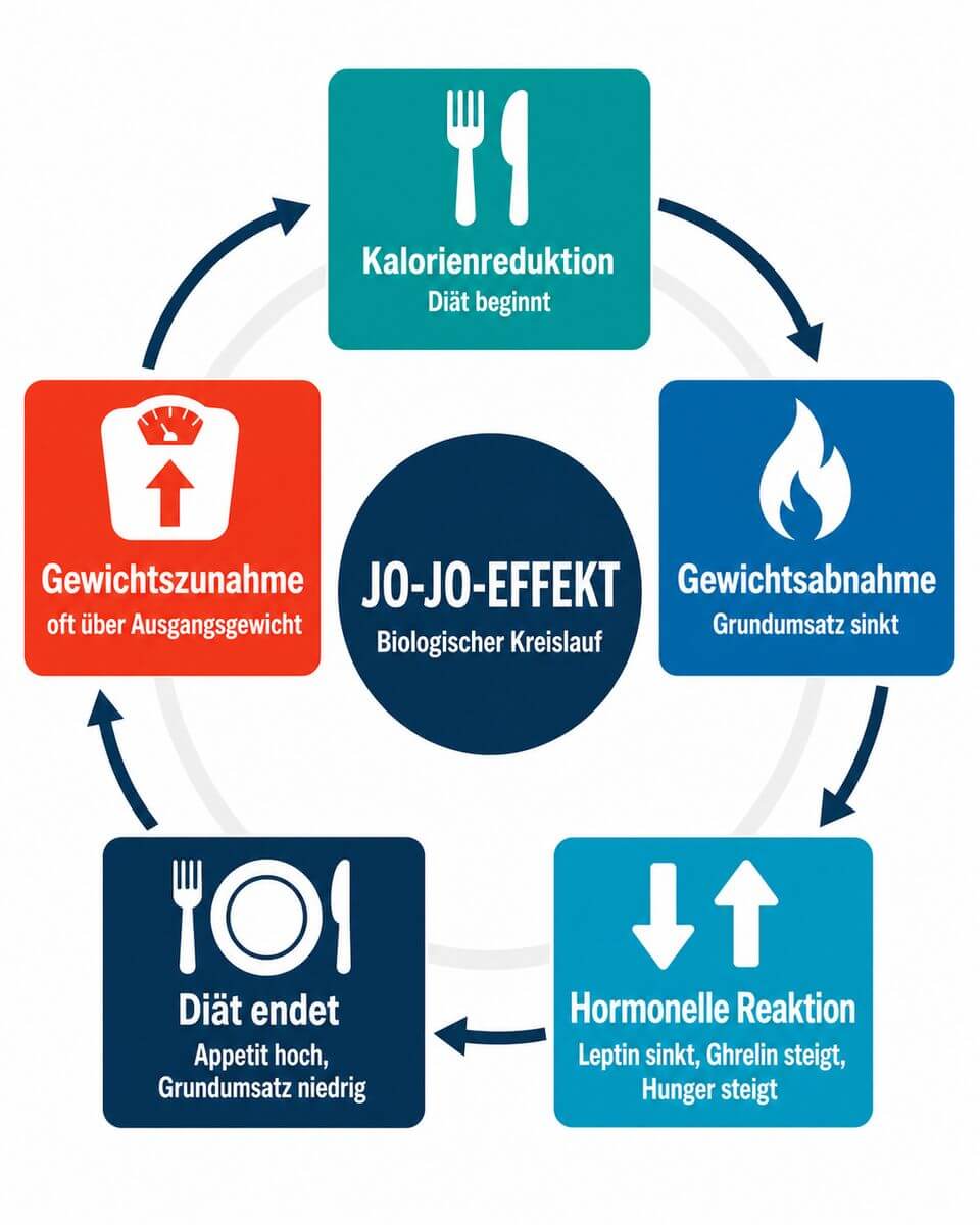 Infografik: Jo-Jo-Effekt Kreislauf – adaptive Thermogenese, Leptin, Ghrelin und Gewichtszunahme nach der Diät im Überblick.