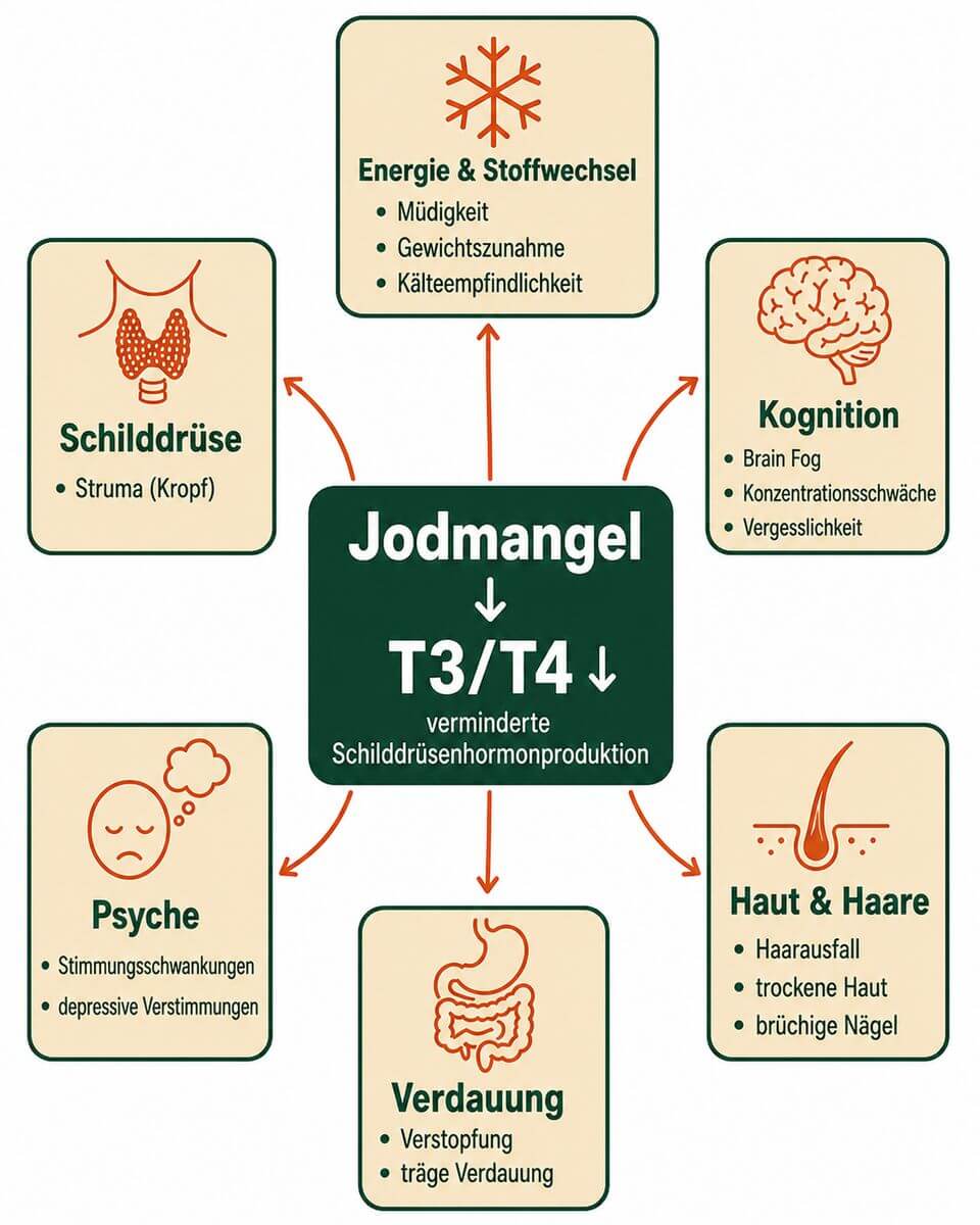Infografik: Jodmangel Symptome im Überblick – von Müdigkeit und Haarausfall bis Brain Fog, geordnet nach Körperbereichen.