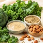 Stillleben mit calciumreichen pflanzlichen Lebensmitteln wie Brokkoli, Mandeln, Sesam und Grünkohl für die Knochengesundheit.