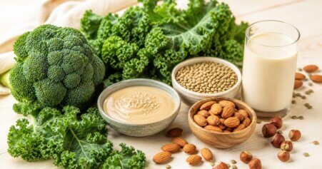 Stillleben mit calciumreichen pflanzlichen Lebensmitteln wie Brokkoli, Mandeln, Sesam und Grünkohl für die Knochengesundheit.