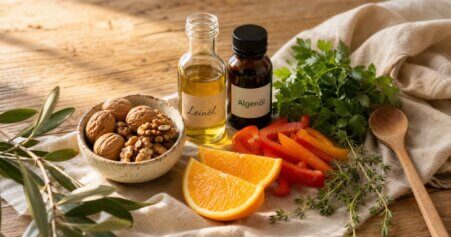 Stillleben mit Walnüssen, Leinöl, Algenöl und buntem Gemüse auf einem Holztisch – Lebensmittel für gesunde Gelenke und Knorpelaufbau.