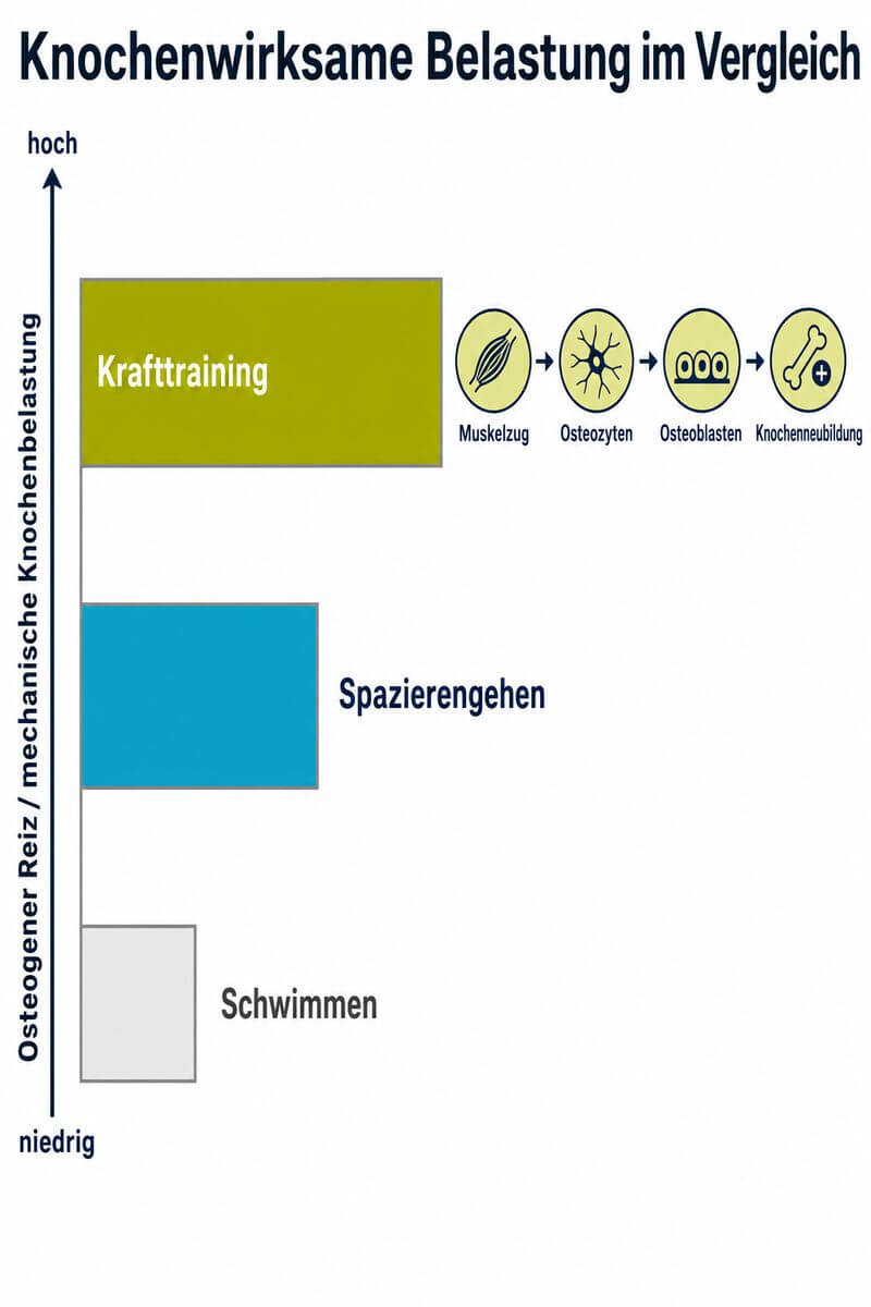 Infografik: Vergleich der Knochenmineraldichte-Wirkung von Krafttraining, Spazierengehen und Schwimmen bei Osteoporose.