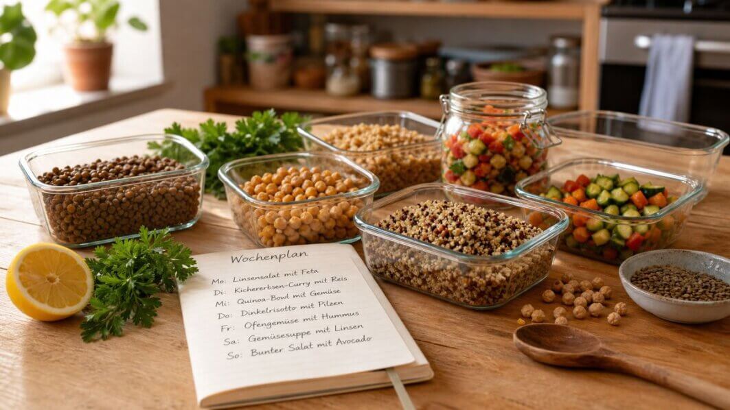 Meal-Prep-Wochenvorbereitungen mit Glasdosen, Hülsenfrüchten und buntem Gemüse auf einer Holzfläche. Vegane Meal-Prep-Rezepte übersichtlich arrangiert.