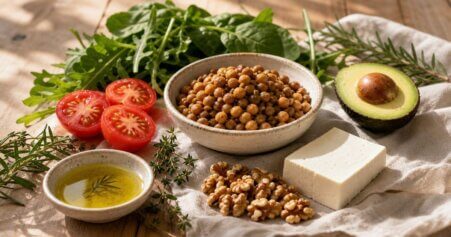 Mediterrane Ernährung gegen Entzündungen: Stillleben mit Olivenöl, Hülsenfrüchten, frischen Kräutern und Blattgemüse auf Holztisch.