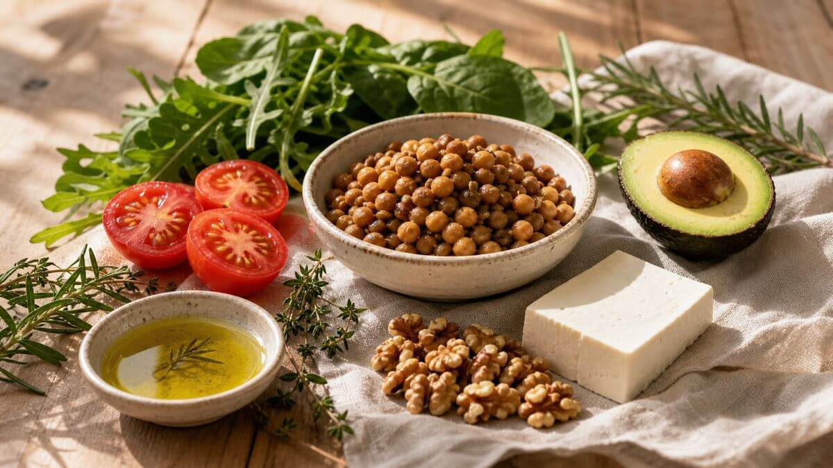 Mediterrane Ernährung gegen Entzündungen: Stillleben mit Olivenöl, Hülsenfrüchten, frischen Kräutern und Blattgemüse auf Holztisch.