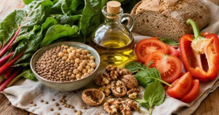 Stillleben mit mediterranen Lebensmitteln wie Hülsenfrüchten, Olivenöl, Nüssen und Gemüse als Ernährungsgrundlage beim metabolischen Syndrom.