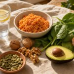 Morbus Crohn Ernährung: Schonende, nährstoffreiche Lebensmittel wie rote Linsen, Blattgemüse und Vollkornbrot auf einem Holztisch – warm und einladend arrangiert.