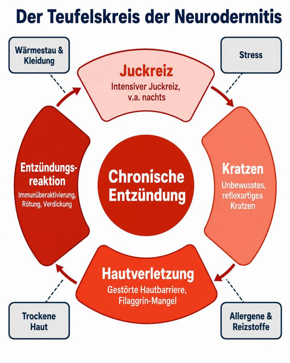 Infografik: Teufelskreis der Neurodermitis – Juckreiz, Kratzen, Hautentzündung und Trigger wie Wärmestau und Stress in einem Kreislauf-Diagramm.