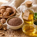 Walnüsse, Leinsamen und ein Schälchen Leinöl auf Holzuntergrund – pflanzliche Omega-3-Quellen bei Neurodermitis.