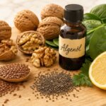 Walnüsse, Leinsamen, Chiasamen und eine Flasche Algenöl als pflanzliche Omega-3-Quellen für Kinder, arrangiert auf einem Holzbrett mit natürlichem Licht.