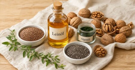 Omega-3-Lebensmittel: Stillleben mit Leinsamen, Walnüssen, Chiasamen und Leinöl auf Holzoberfläche.