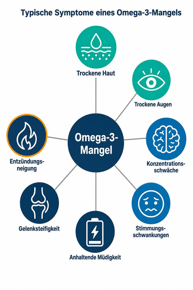 Infografik: Omega-3-Mangel Symptome – Überblick nach Körperbereichen mit trockener Haut, Müdigkeit und Konzentrationsschwäche.