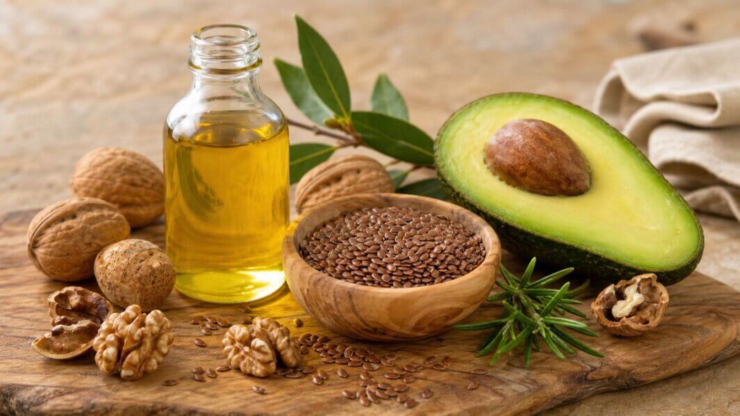 Stillleben mit natürlichen Omega-3-Quellen: Leinöl, Walnüsse und Leinsamen auf Holzoberfläche. Omega-3 Nebenwirkungen und Gewichtszunahme im Überblick.