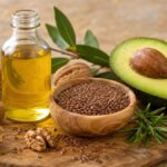 Stillleben mit natürlichen Omega-3-Quellen: Leinöl, Walnüsse und Leinsamen auf Holzoberfläche. Omega-3 Nebenwirkungen und Gewichtszunahme im Überblick.