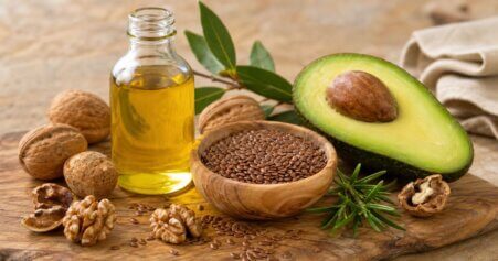 Stillleben mit natürlichen Omega-3-Quellen: Leinöl, Walnüsse und Leinsamen auf Holzoberfläche. Omega-3 Nebenwirkungen und Gewichtszunahme im Überblick.