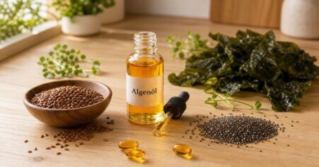 Omega-3-Tropfen aus Algenöl in einer Glasflasche, daneben Leinsamen und Chiasamen auf hellem Holzuntergrund.