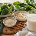 Stillleben mit kalziumreichen Lebensmitteln wie Brokkoli, Sesam, Mandeln und Blattkohl als natürliche Unterstützung bei Osteopenie.