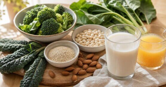 Stillleben mit kalziumreichen Lebensmitteln wie Brokkoli, Sesam, Mandeln und Blattkohl als natürliche Unterstützung bei Osteopenie.