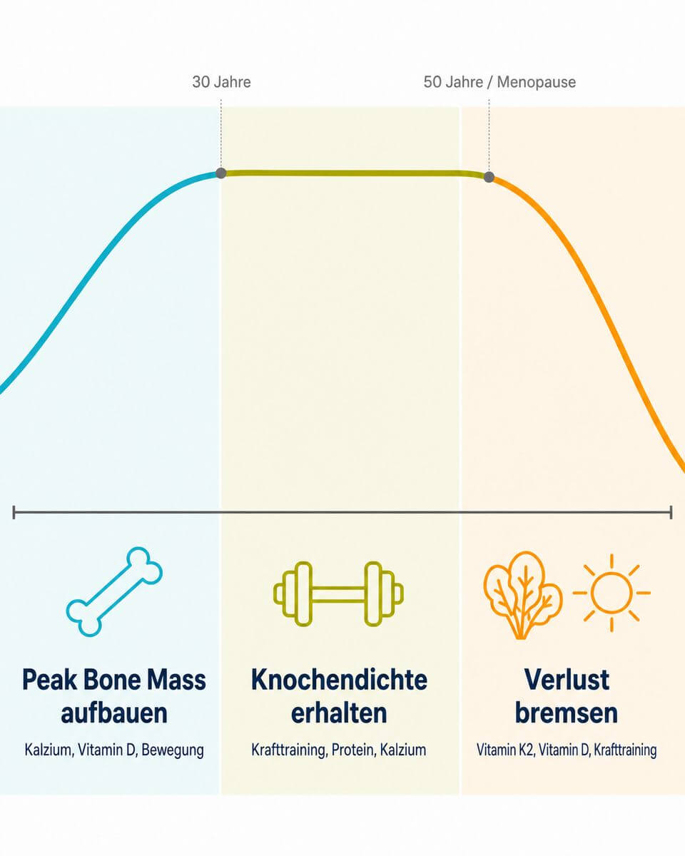 Infografik: Verlauf der Knochendichte nach Lebensjahrzehnten – Peak Bone Mass und Osteoporose vorbeugen durch Ernährung und Bewegung.
