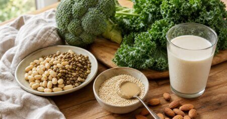 Stillleben mit kalziumreichen Lebensmitteln wie Grünkohl, Sesam, Hülsenfrüchten und Mandeln zur Vorbeugung von Osteoporose.