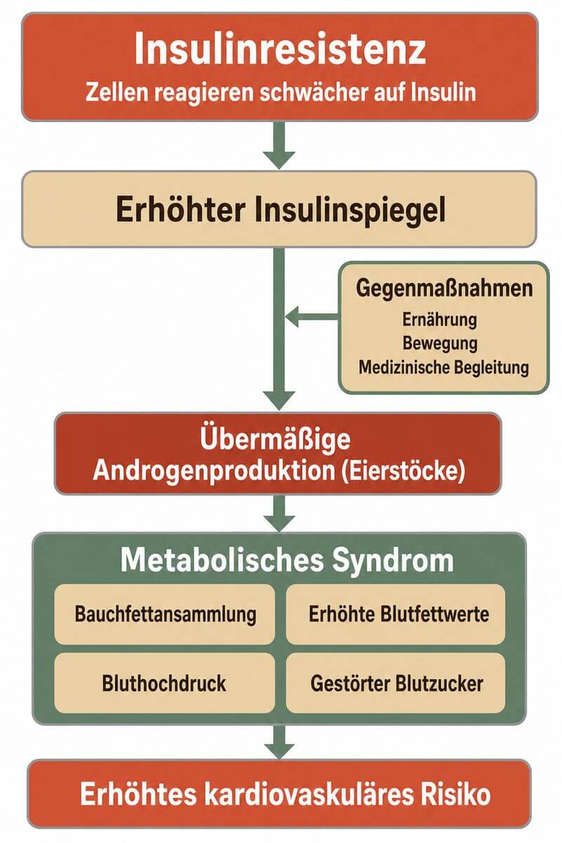 Infografik: PCOS-Risikokaskade – von Insulinresistenz über metabolisches Syndrom zum kardiovaskulären Risiko, mit Interventionspunkten für Ernährung und Lebensstil.