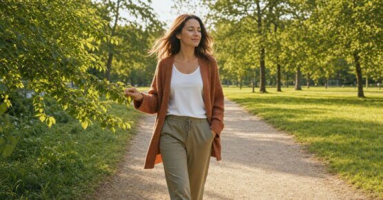 Eine junge Frau beim ruhigen Morgenspaziergang im Freien. Keyword: PCOS Lebenserwartung.