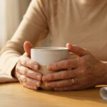 Polymyalgia rheumatica Hände – geschwollene Hände halten Tasse am Morgen