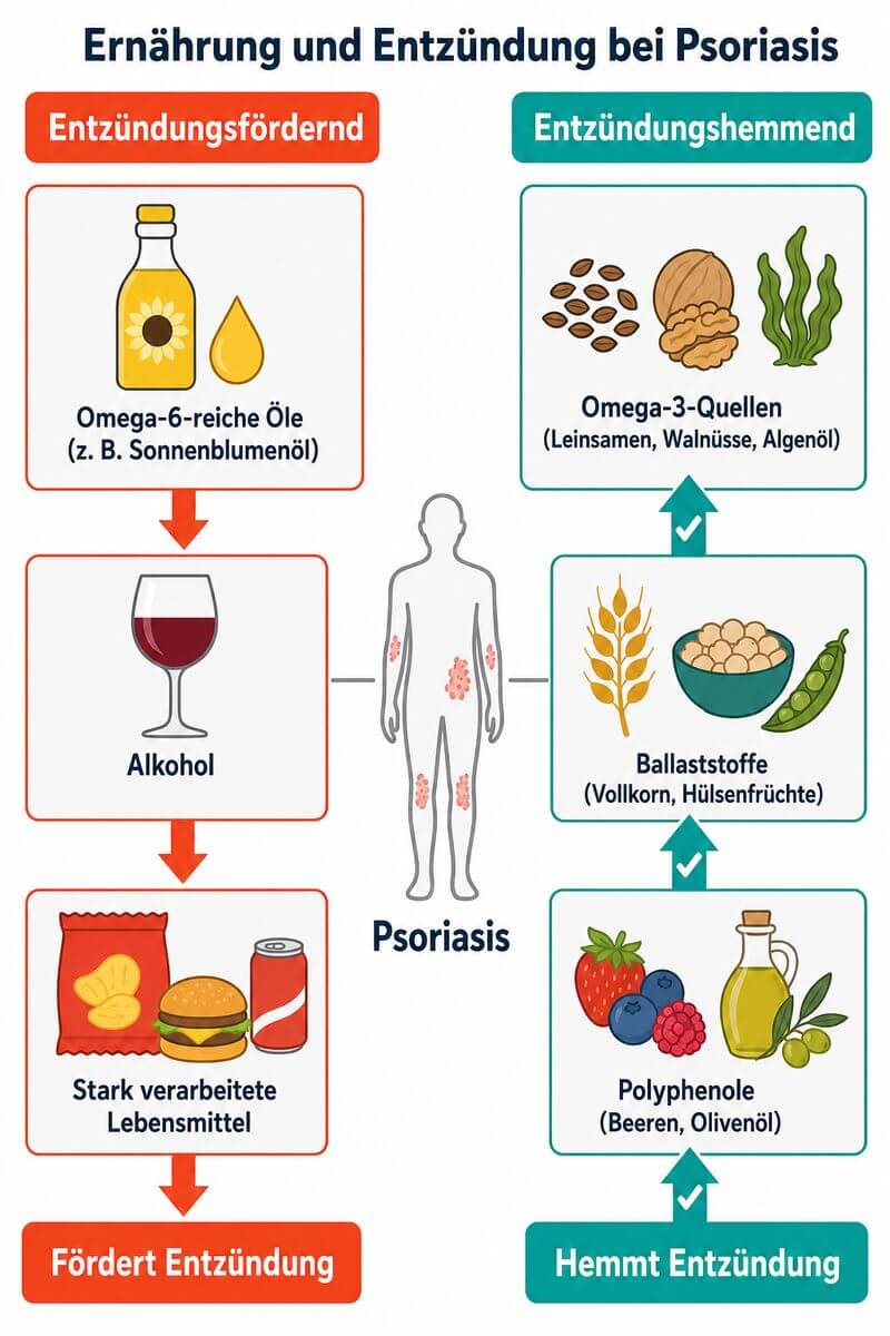 Infografik: Ernährung bei Schuppenflechte – entzündungsfördernde vs. entzündungshemmende Lebensmittel im Vergleich.