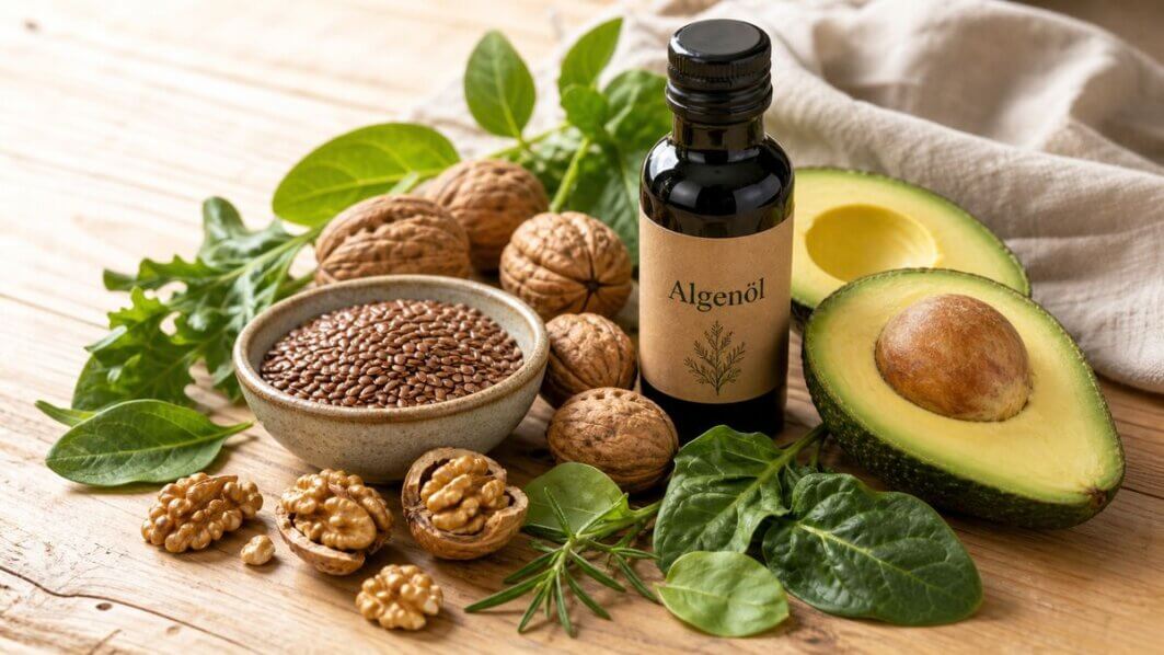 Stillleben mit Walnüssen, Leinsamen, Avocado und Algenöl auf Holzuntergrund. Entzündungshemmende Lebensmittel bei Ernährung und Schuppenflechte.