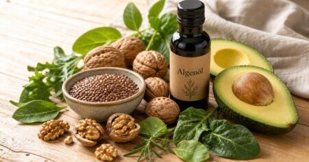 Stillleben mit Walnüssen, Leinsamen, Avocado und Algenöl auf Holzuntergrund. Entzündungshemmende Lebensmittel bei Ernährung und Schuppenflechte.