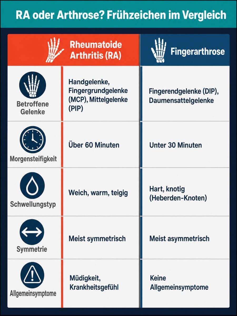 Infografik: Vergleich Rheumatoide Arthritis und Fingerarthrose – Gelenkmuster, Morgensteifigkeit und Schwellungstyp im Überblick.