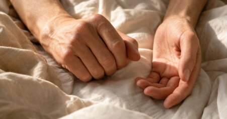 Nahaufnahme von Händen einer Frau am Morgen, die versucht die Finger zu bewegen – symbolisch für Rheuma-Symptome wie Morgensteifigkeit und Gelenkschmerzen.