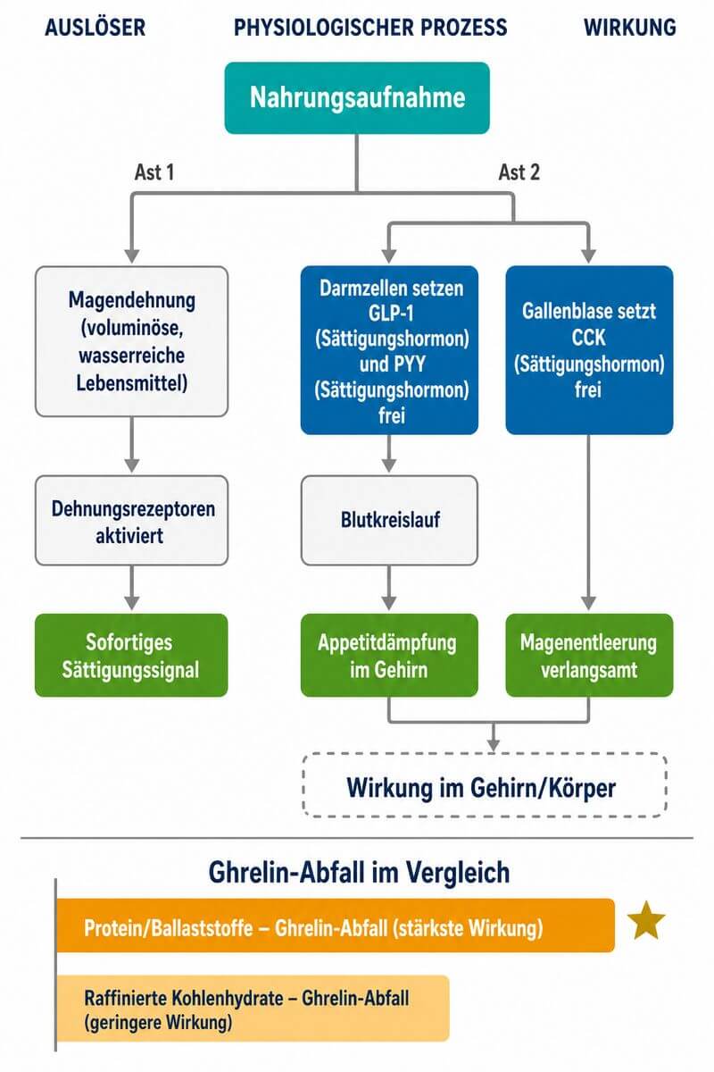 Infografik: Sättigungskaskade – Hormone GLP-1, PYY, CCK und Ghrelin im Überblick
