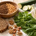 Stillleben mit sättigenden Lebensmitteln: Linsen, Kartoffeln, Haferflocken, Hülsenfrüchte und Blattgemüse auf einem Holztisch mit warmem natürlichem Licht.